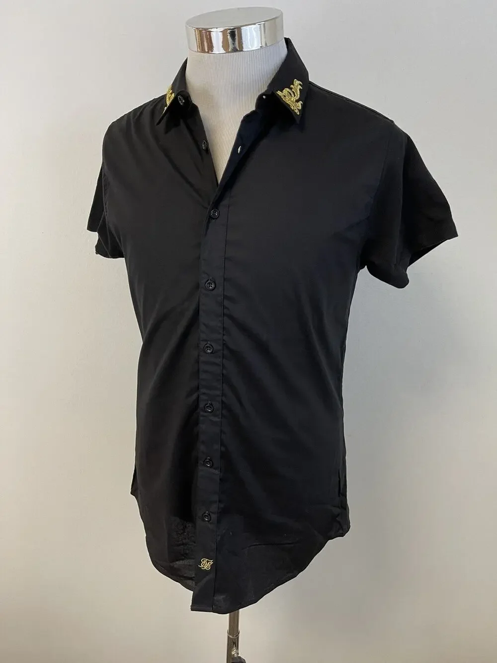 Sik Silk Mens Shirt Small Button Up Embroidered Black Short Sleeve Siksilk N18